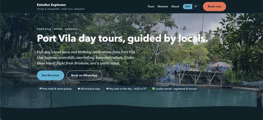Extrafun Explorers website homepage — Port Vila Vanuatu day tour booking site with packages and multi-currency pricing, built by Launchd
