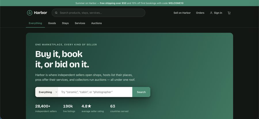 Harbor marketplace platform homepage — multi-category marketplace concept for goods, stays, services and auctions, a personal project by Launchd