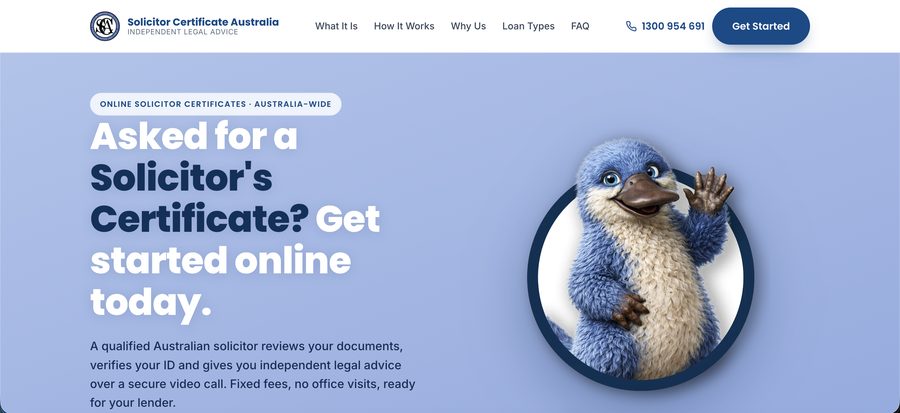 Solicitor Certificate Australia website homepage — online solicitor's certificate and independent legal advice service designed by Launchd